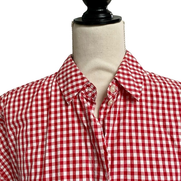 Weekday Stella Gingham Blouse XS Red White Check Cropped Boxy Cotton Shirt - Picture 2 of 14